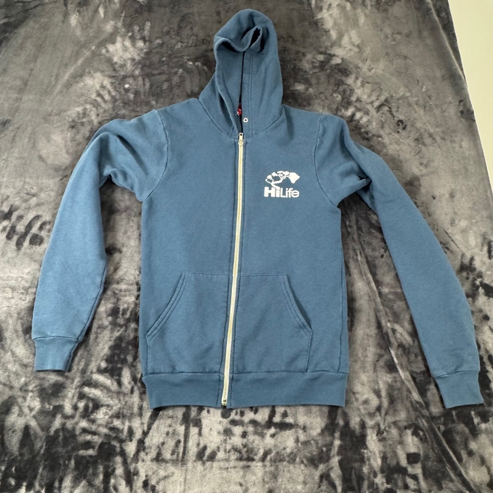 HiLife Zip Up Hoodie Unisex Small Blue Hawaii Tree Logo Fleece Sweatshirt
